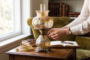 Antique VTG amber glass mid-century modern regency hurricane table brass Lamp